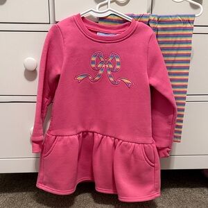 Trotter Street Kids Pink Sweatshirt Tunic Dress with Bow and Striped Leggings
